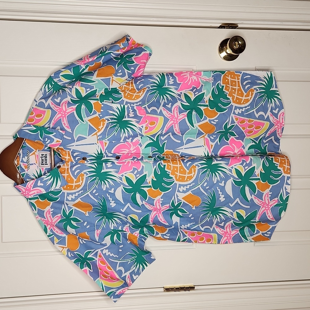Party Pants Tropical Print Button Front Party Shirt Size Large